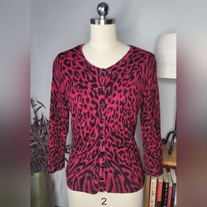 White House Black Market Cardigan Sweater Hot Pink Black Animal Print Siz…